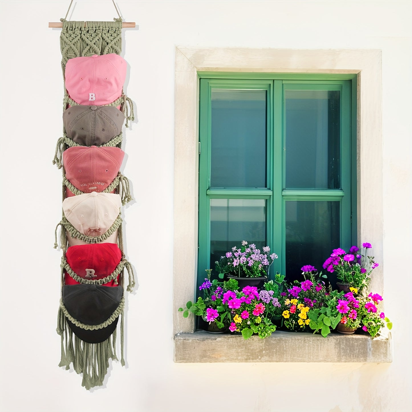 Wooden Wall Mount Hat Rack With Macrame Tassels Foldable
