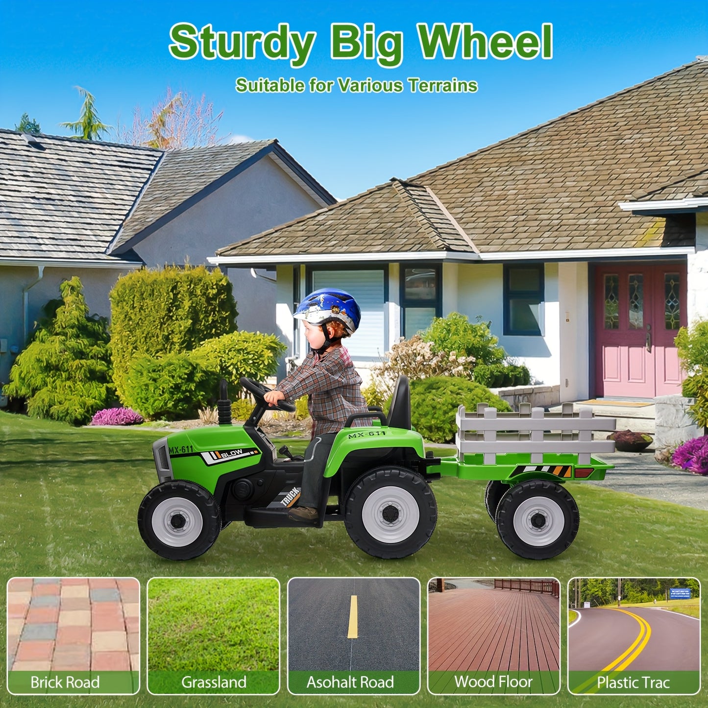 12V Green Ride-On Tractor With Trailer And Remote Control