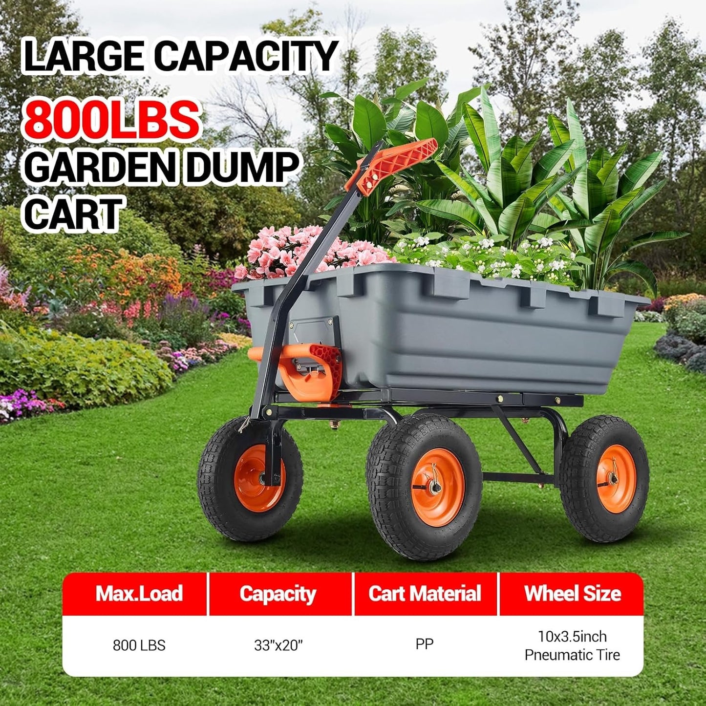800 Lbs Garden Dump Cart With Steel Frame And Terrain Tires