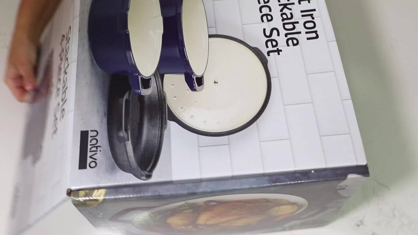 NATIVO 5 Piece Stackable Cast Iron Cookware Set Enamel