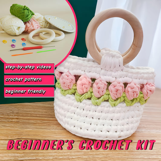 Tulip Crochet Handbag Kit With Wooden Handles And Yarn