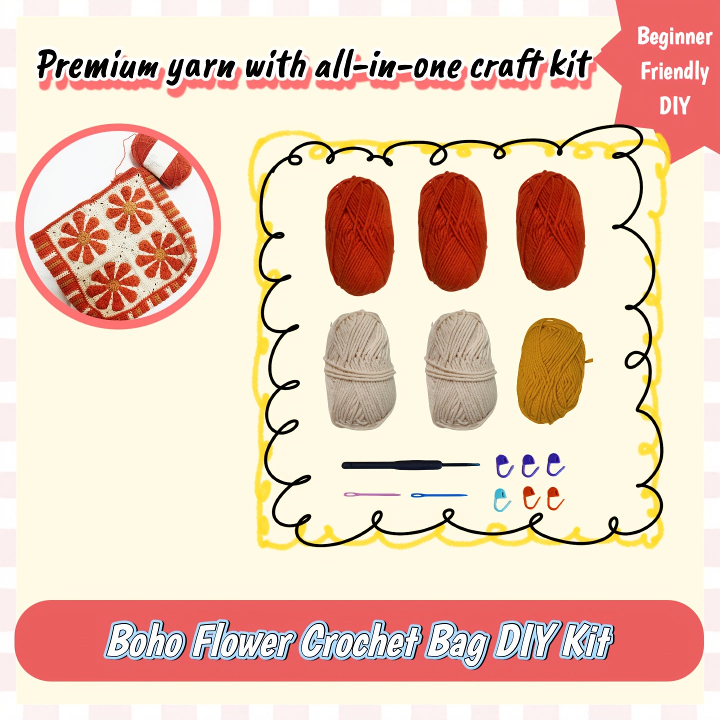 Boho Sunshine Crochet Bag Kit For Beginners With Yarn Tools