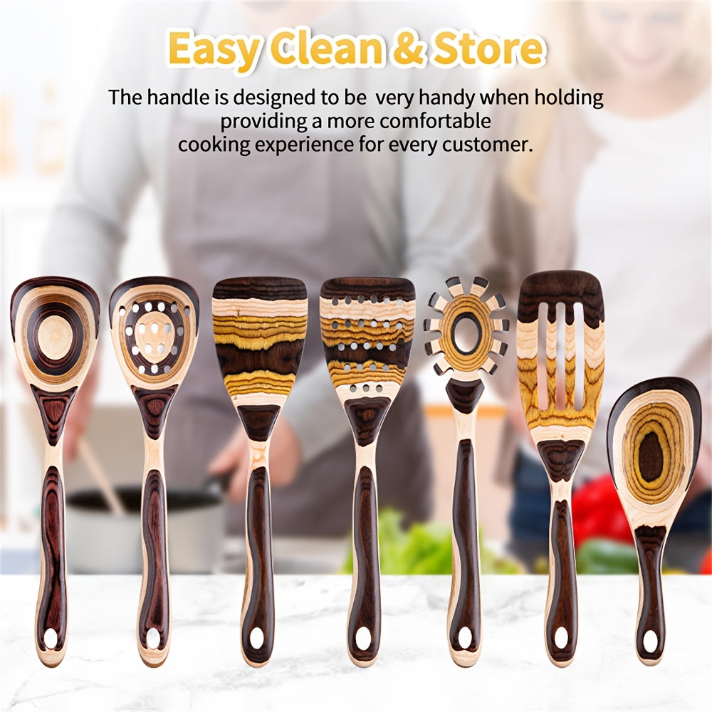 Pakkawood Spurtle Set 7Pcs Kitchen Utensils With Spoon Rest
