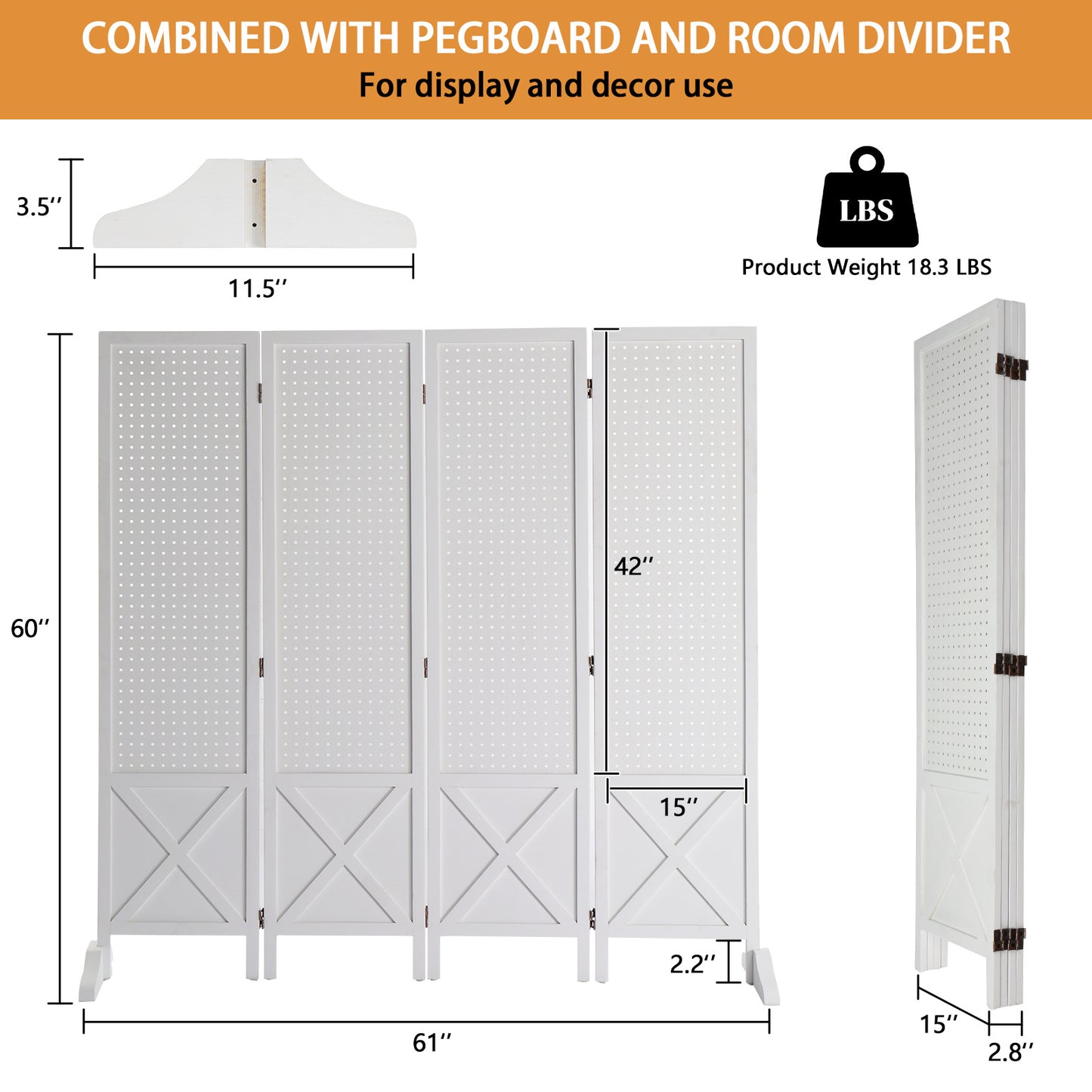 Vingli 60 Inch Freestanding Wood Pegboard Room Divider