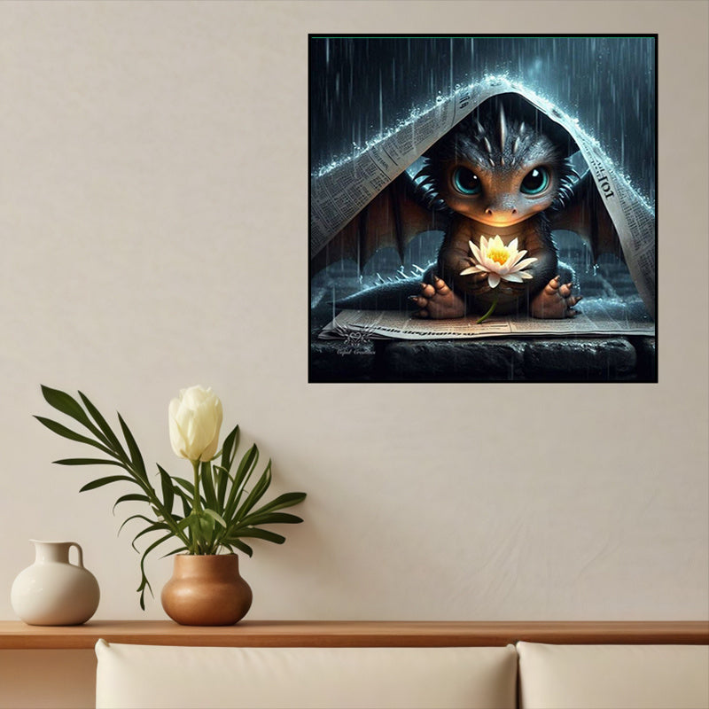 Cute Baby Dragon 5D Diamond Painting Kit With Lotus Decor