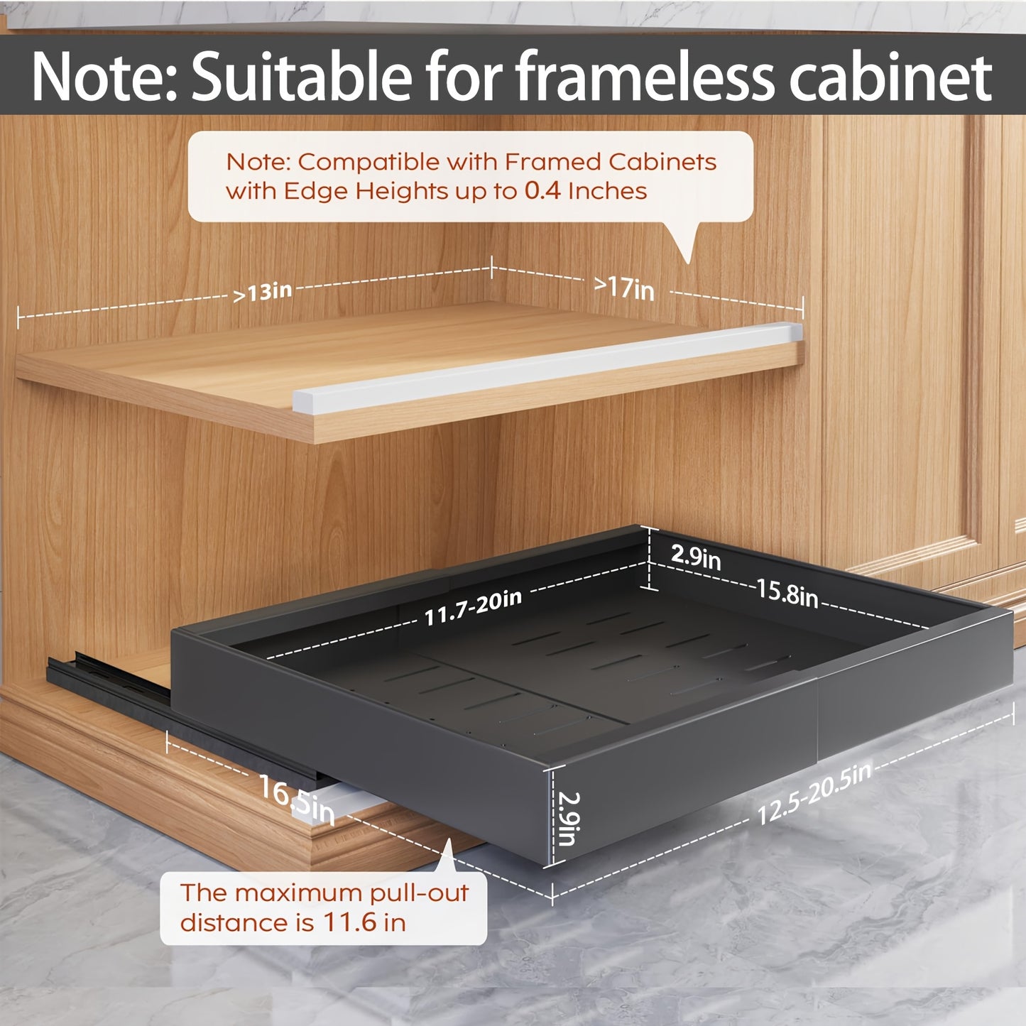4-Drawer Heavy Duty Slide Out Cabinet Organizer 12.6-20.6