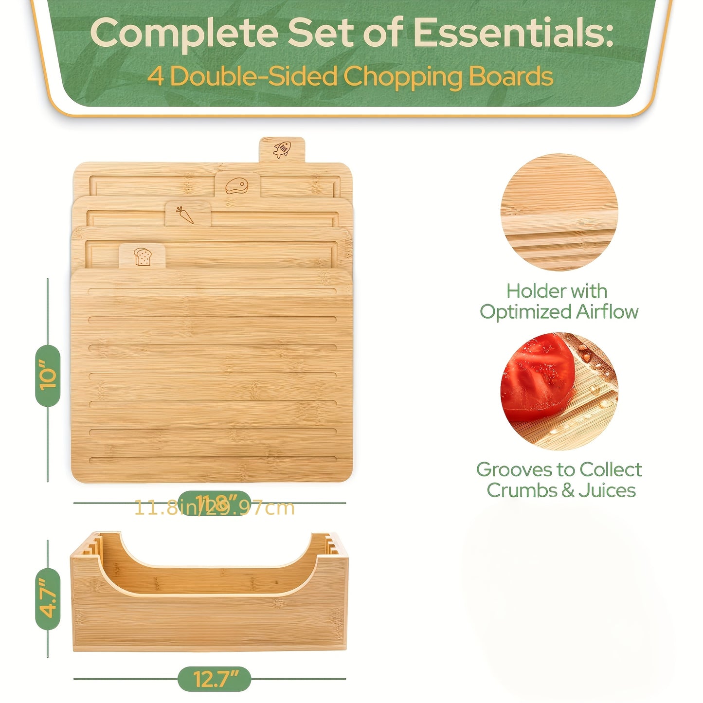 Bamboo Cutting Board Set With Stand Juice Groove Food Icons