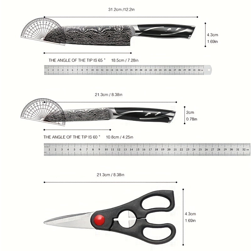 Damascus Kitchen Knife Set 7 Piece Universal Holder