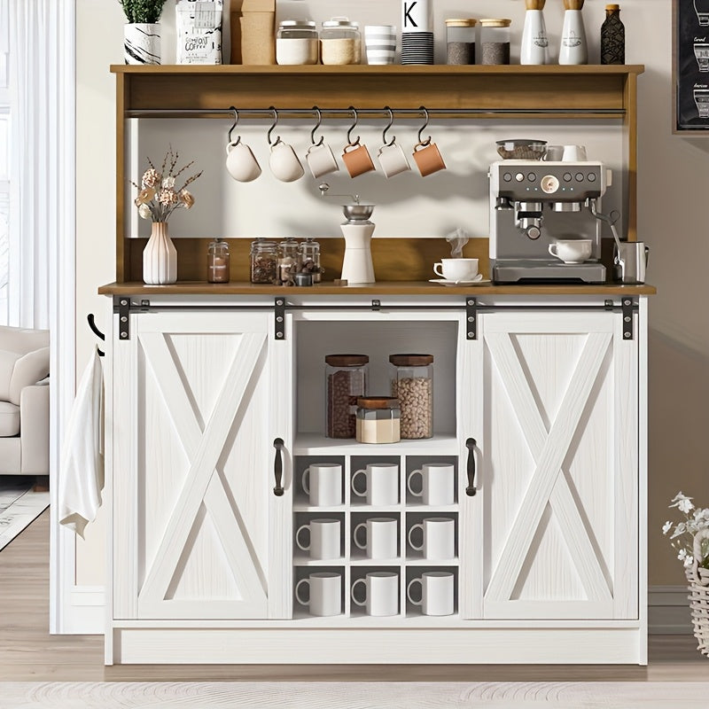47 Inch Farmhouse Coffee Cabinet With 9 Racks And 6 Hooks