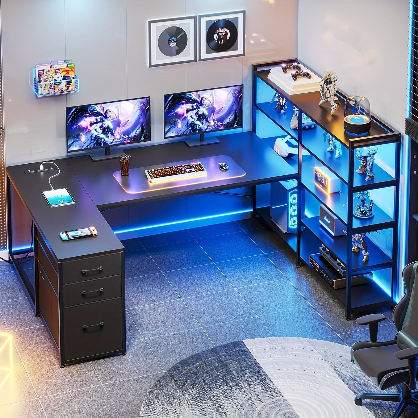 64.5 Inch Reversible L Shaped Gaming Desk with Storage