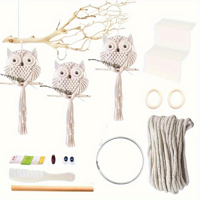 Bohemian Lace Owl Wall Ornament Set White Nylon Handwoven
