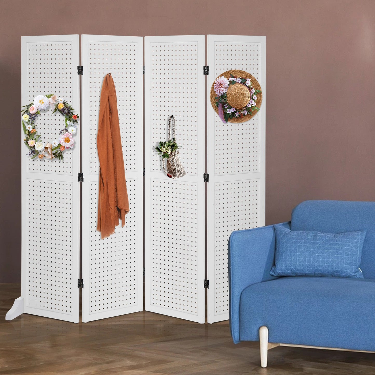 5 Ft Wood Freestanding Pegboard Room Divider Organizer