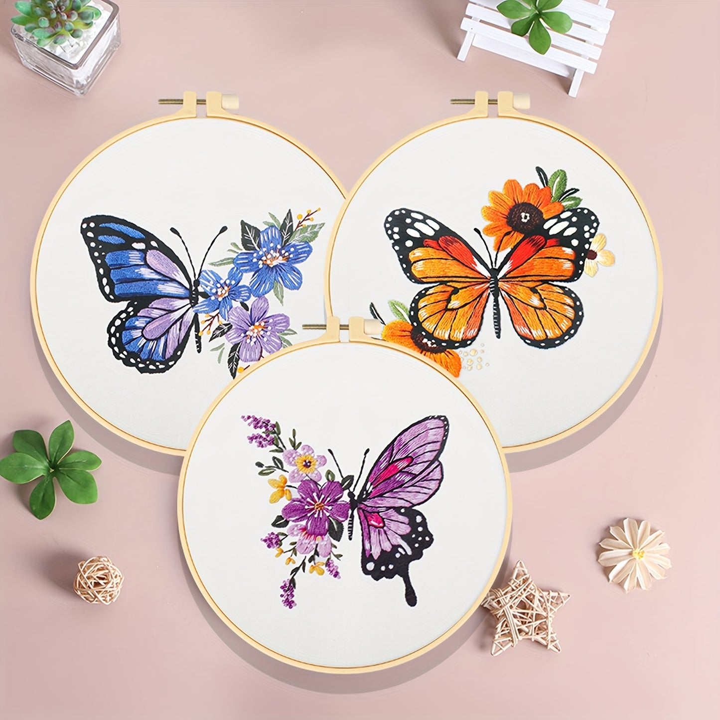 3 Piece Butterfly Embroidery Kit For Beginners With Thread