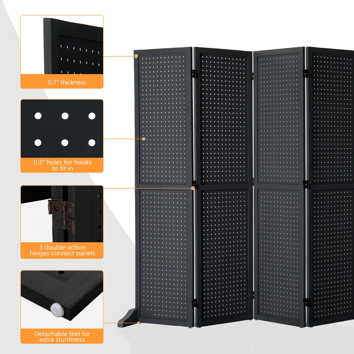 5 Ft Wood Freestanding Pegboard Room Divider Organizer