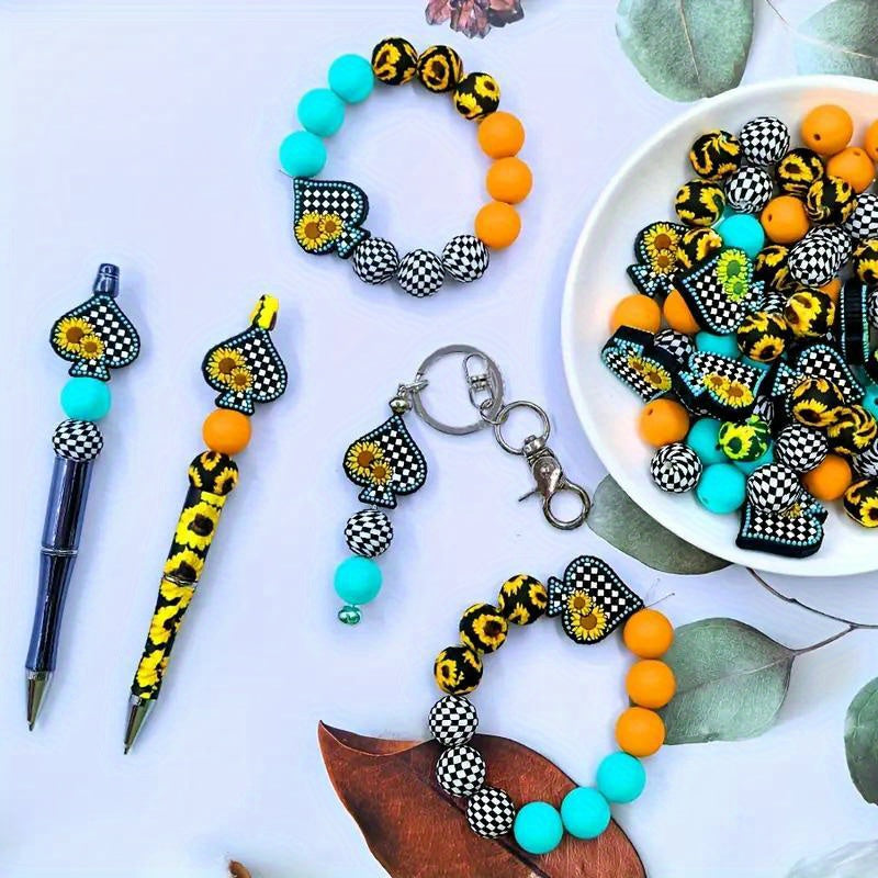 Sunflower Grid Spade Silicone Beads Set 35pcs DIY Jewelry