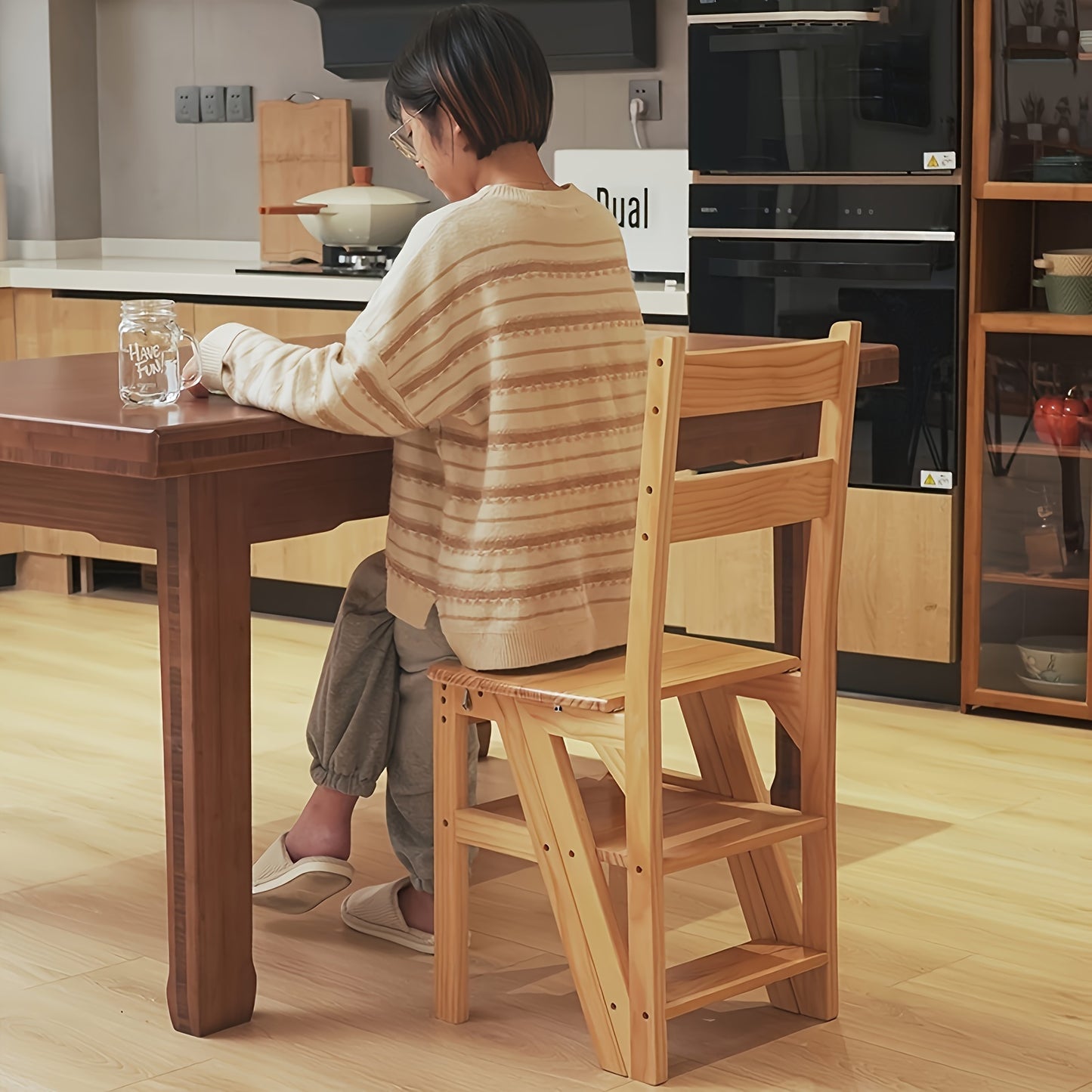 Four In One Solid Wood Ladder Stool For Kitchen And Bath