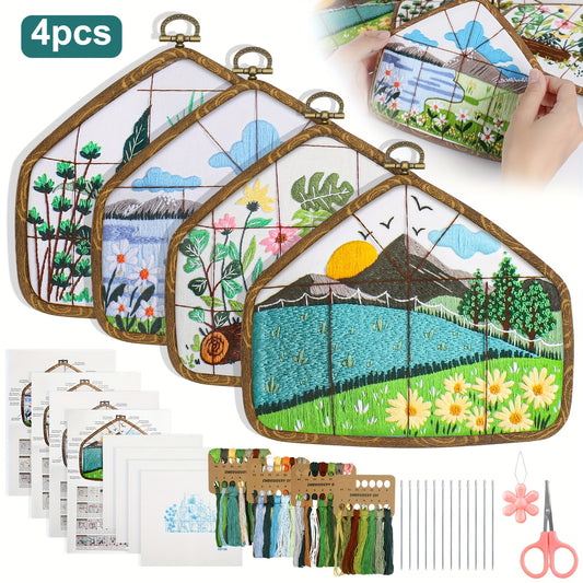Beginner DIY Embroidery Kit Landscape Window View With Hoop
