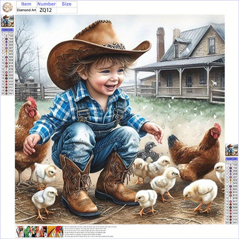 5D Diamond Painting Kit Cowboy And Chickens Round Canvas