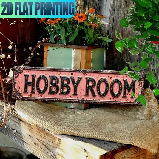 Vintage Hobby Room Sign Pink Black Metal 16x4 Inch Decor