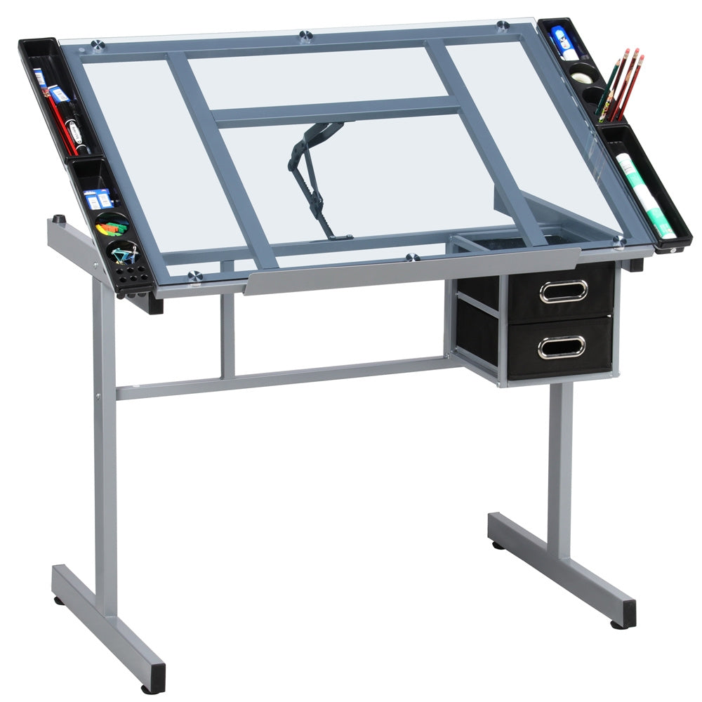 Costoffs Adjustable Glass Art Desk With Wheels And Drawers