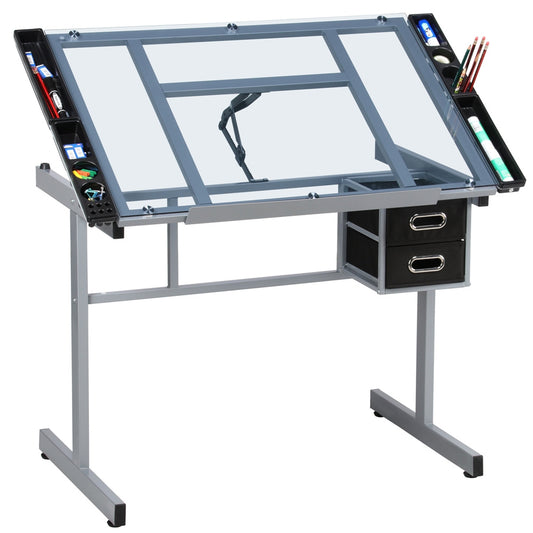 Costoffs Adjustable Glass Art Desk With Wheels And Drawers