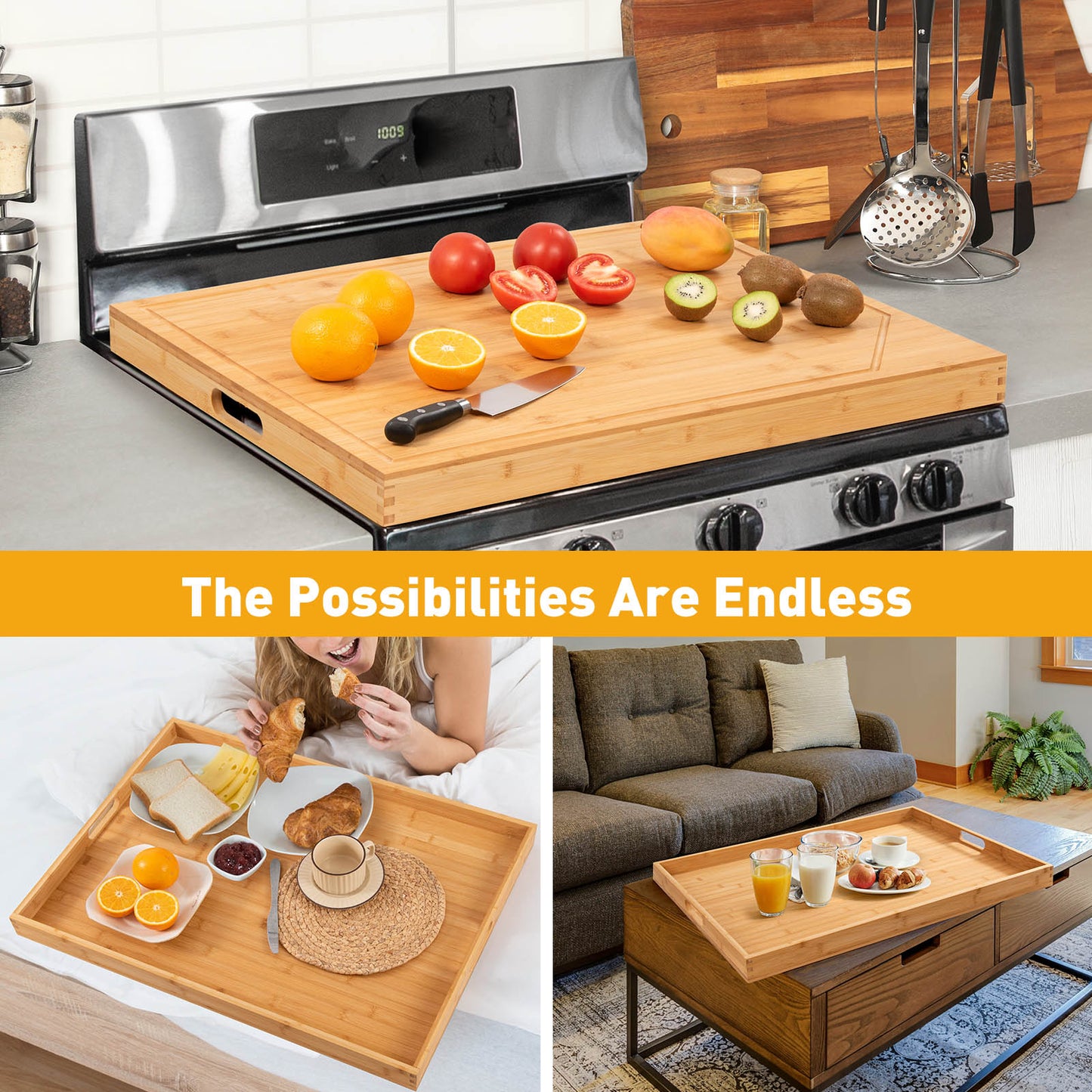 Bamboo Stove Top Cover Noodle Board With Handles RV Kitchen