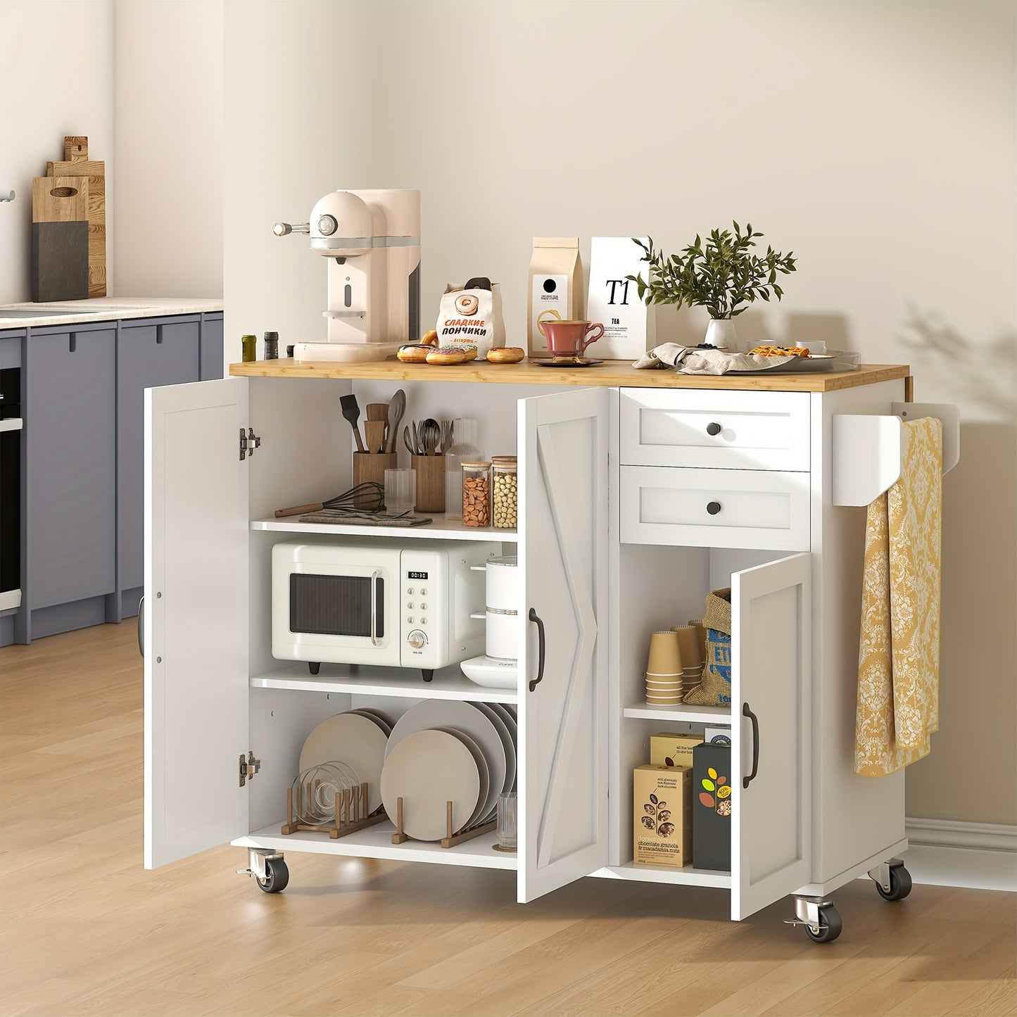 Kitchen Island With Drop Leaf On Wheels And Storage Cabinet