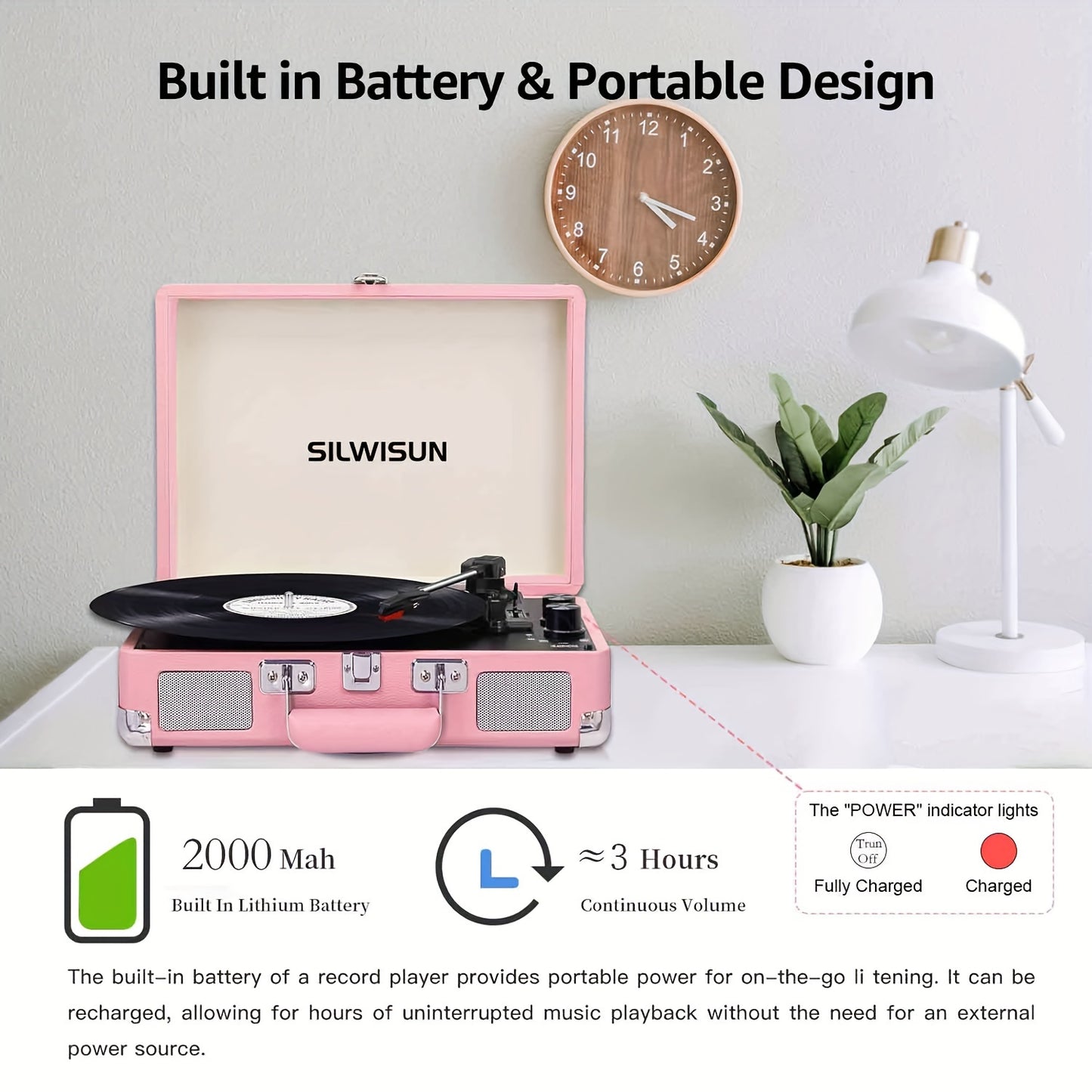 Pink Portable Bluetooth Vinyl Record Player 3 Speed Battery