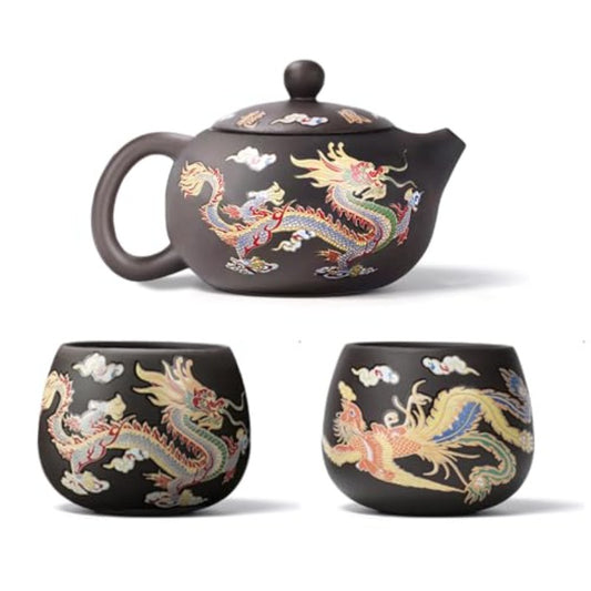 Dragon And Phoenix Color Changing Purple Clay Teapot Set
