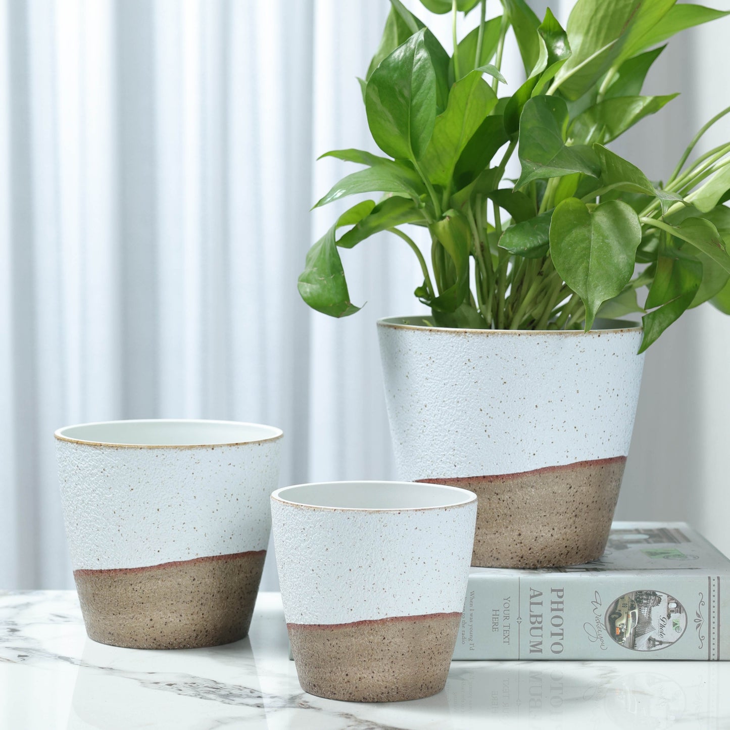 3-Piece PolyStone Modern Round Planters, Indoor Outdoor