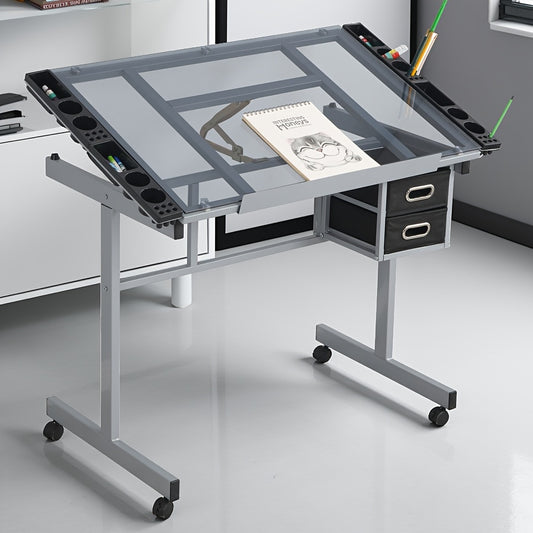 Glass Top Drafting Table With 0-70 Tilt And Locking Wheels