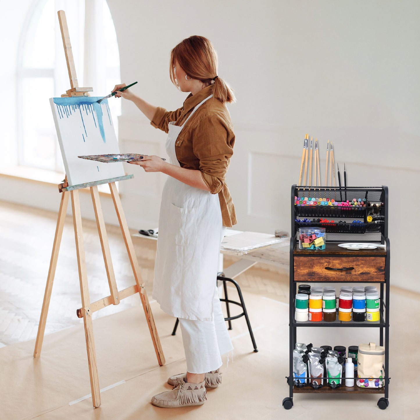 6 Tier Metal and Wood Rolling Utility Cart with Drawer