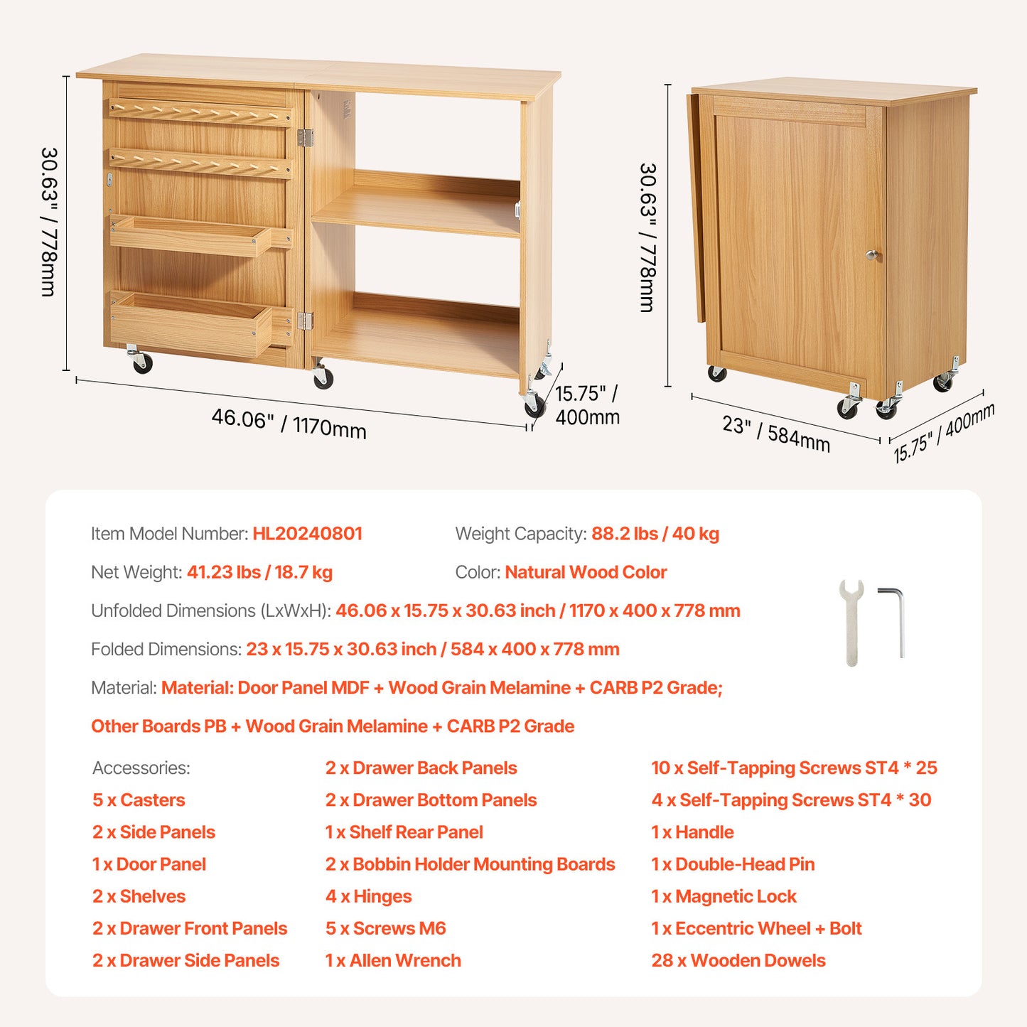 Vevor Folding Sewing Craft Table With Lockable Wheels