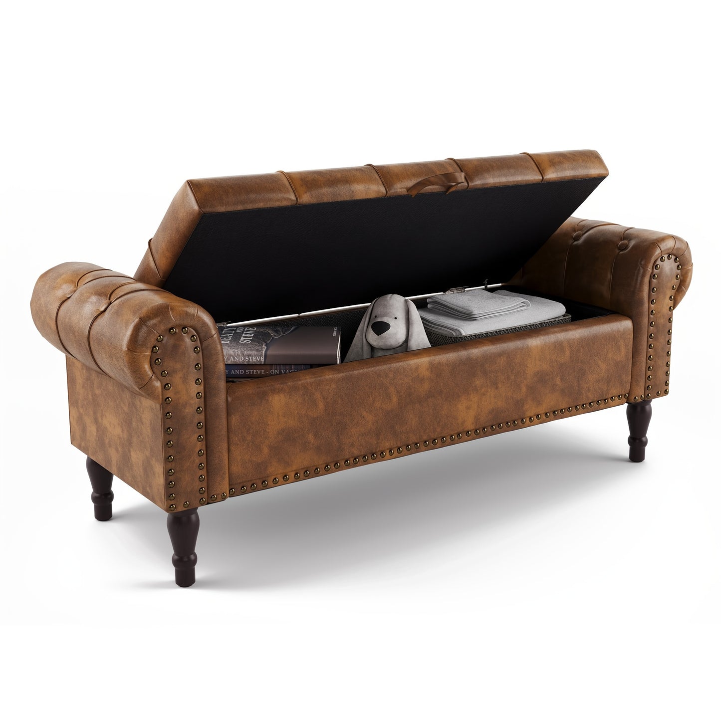 Storage Bench Ottoman 50 Inch Linen And Faux Leather