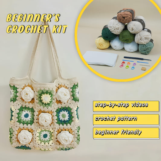 Crochet Kit 3D Camellia Granny Square Bag DIY Tote Set