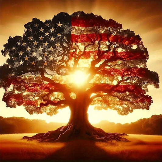 Patriotic Diamond Painting Kit Flag Tree Design Round