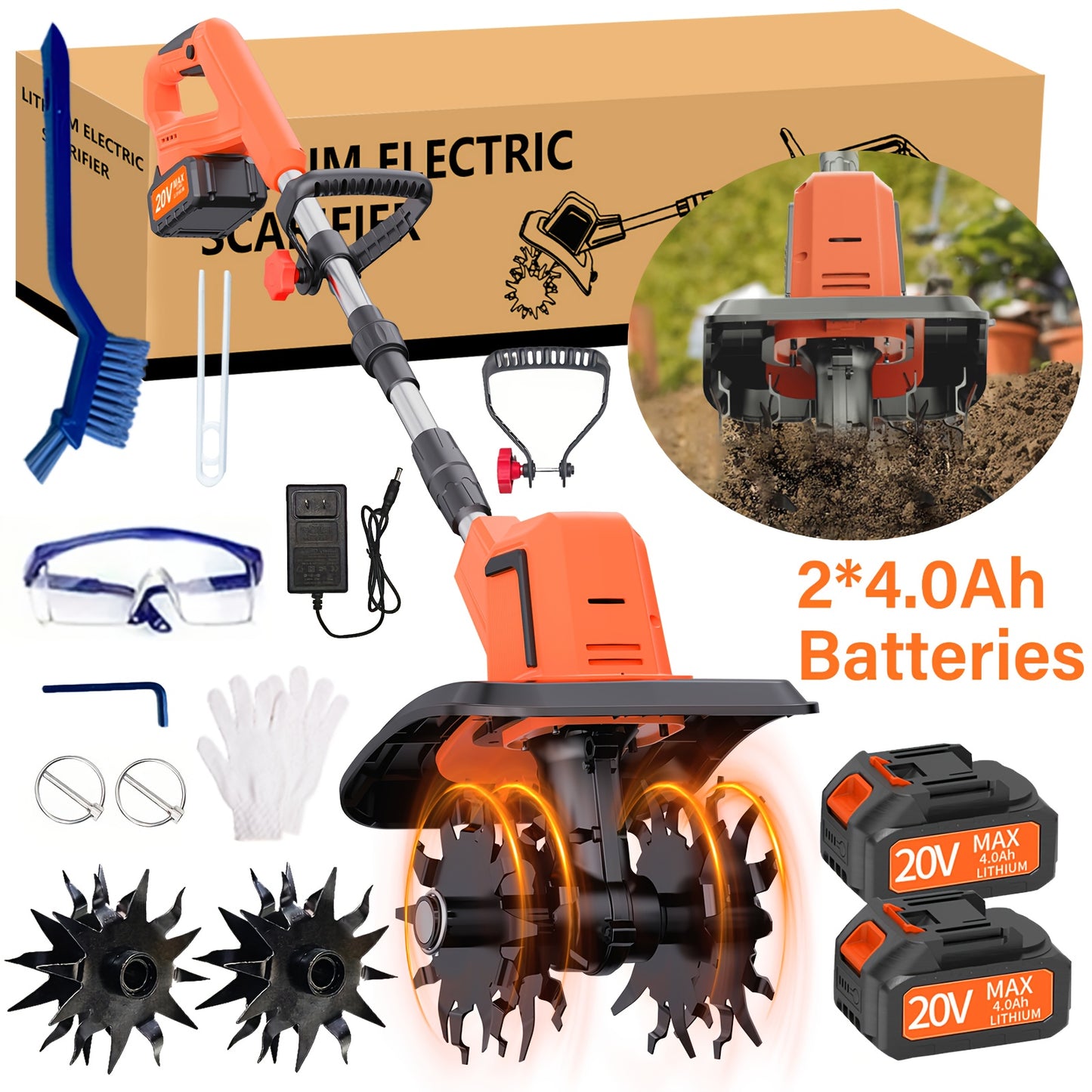 20V Cordless Tiller Cultivator With 9 Inch 4 Steel Tines