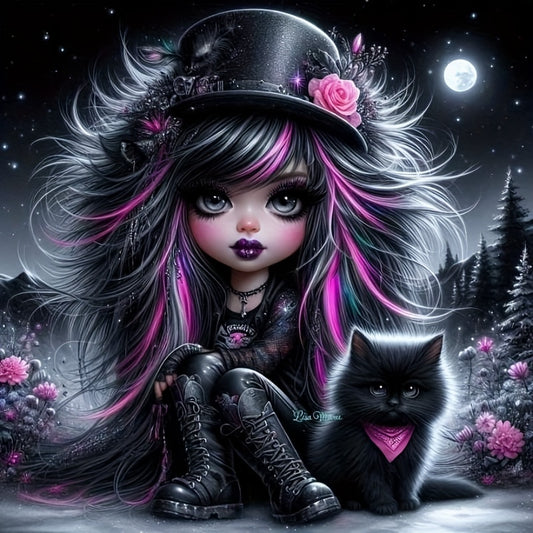 Girl With Black Cat 5D Diamond Art Kit Round Drill Beginner