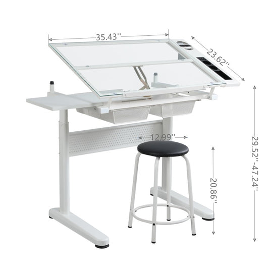 White Hand Crank Adjustable Drafting Table With 2 Metal Drawers Stool Included