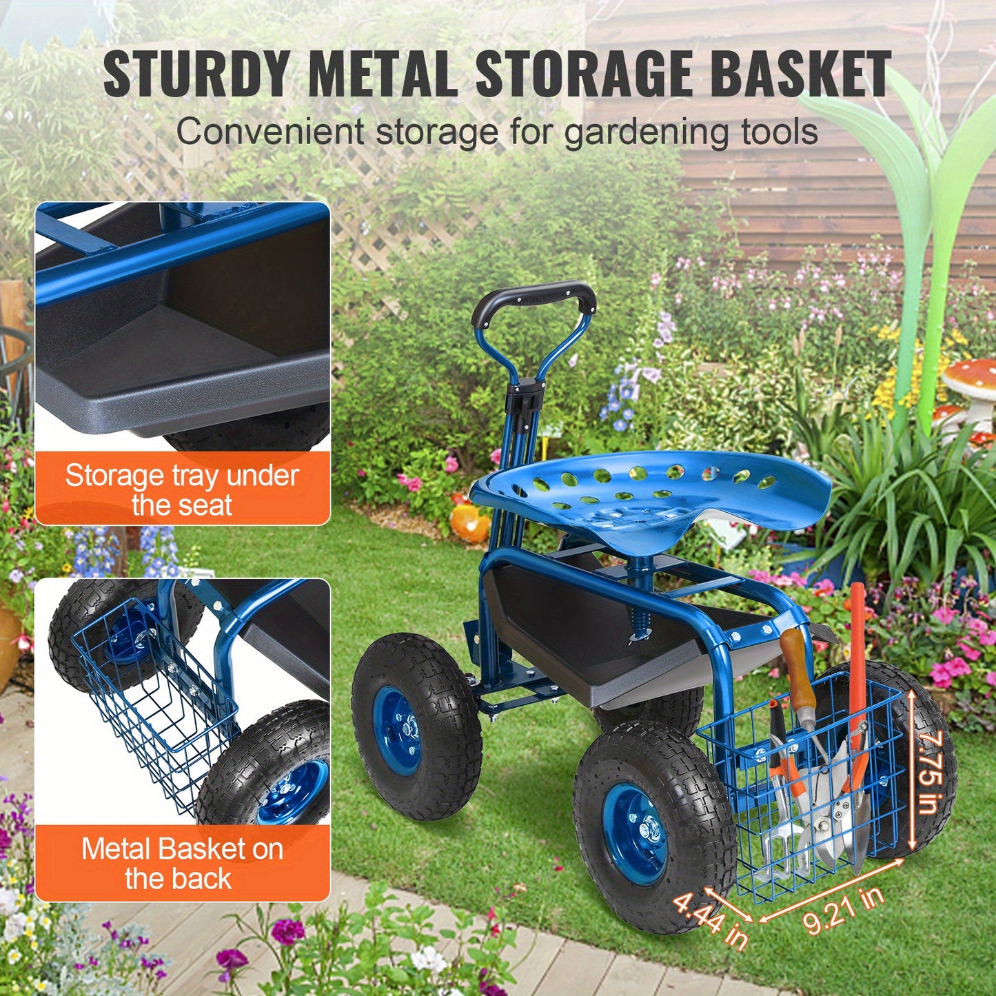 Heavy Duty Adjustable Garden Seat With Wheels Metal Frame