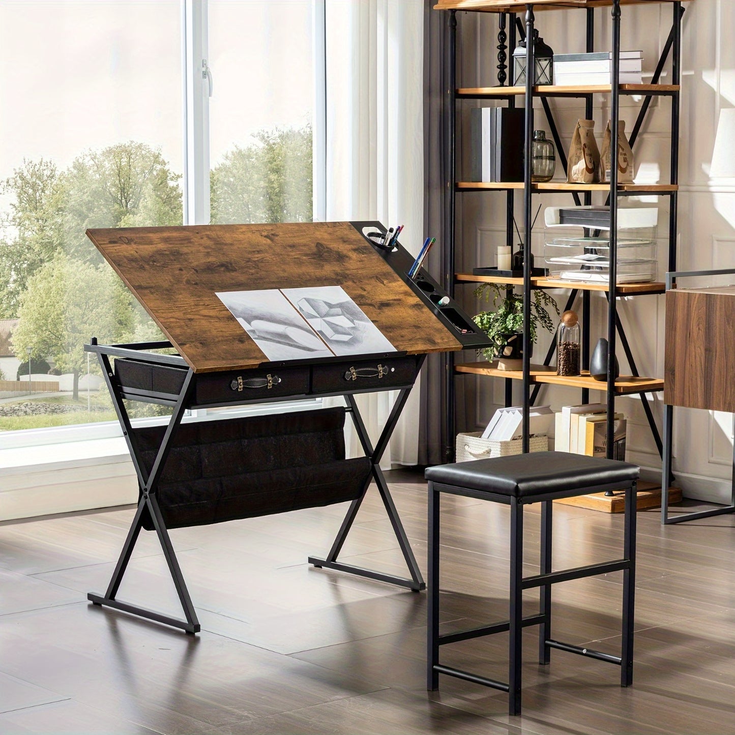 Brown Adjustable Drafting Table With Drawers And Stool
