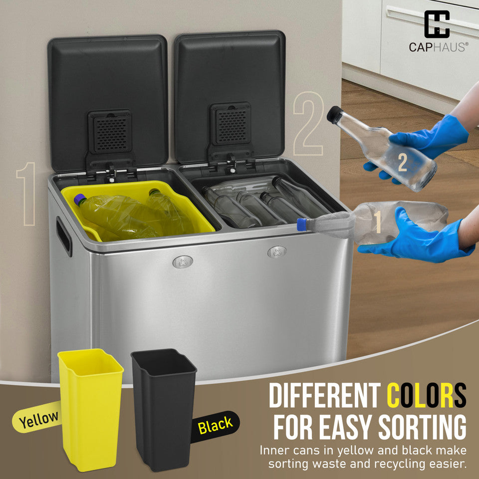 Caphaus Black Dual Trash Can With Double Lid And Recycle Bin