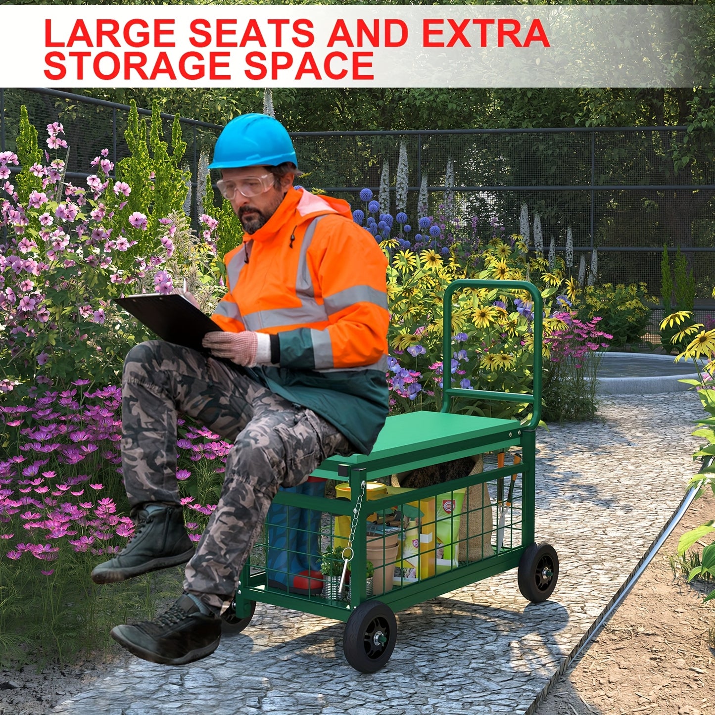 Convertible Heavy-Duty Metal Rolling Garden Seat with Wheels