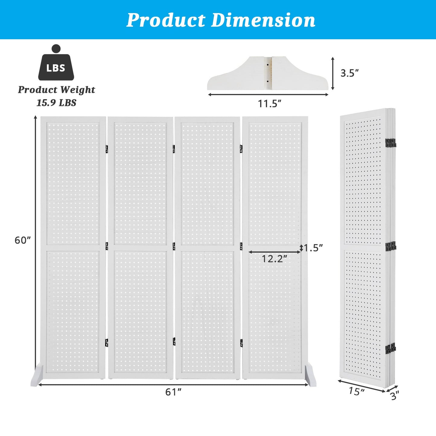 5 Ft Wood Freestanding Pegboard Room Divider Organizer