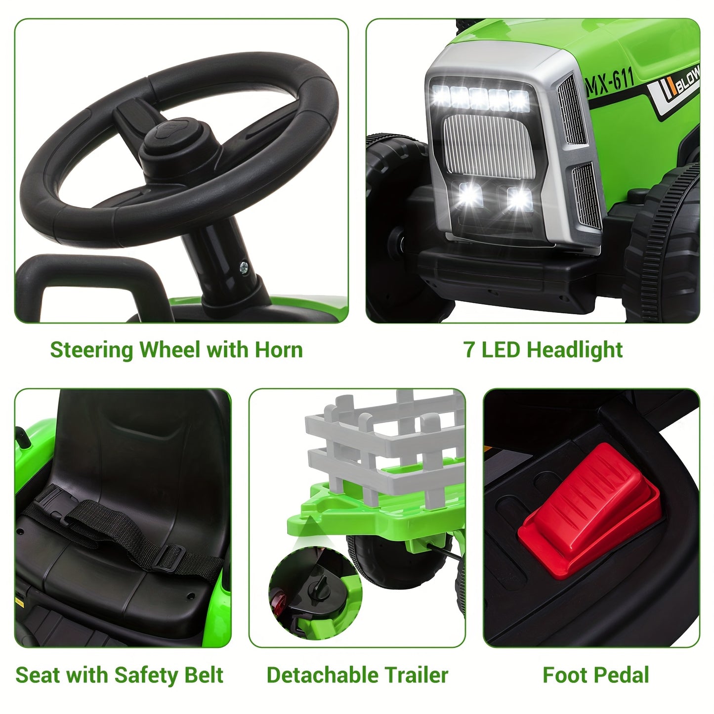 12V Green Ride-On Tractor With Trailer And Remote Control