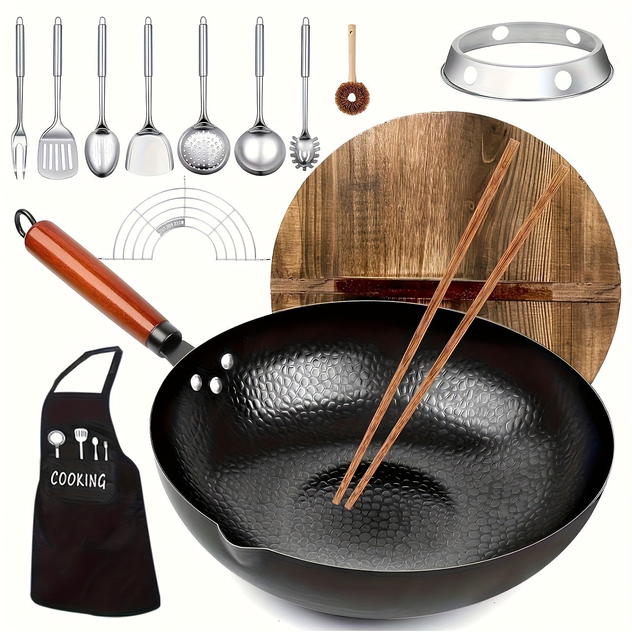 Hihegd Cast Iron Wok Set 14 Piece Induction Safe With Lid