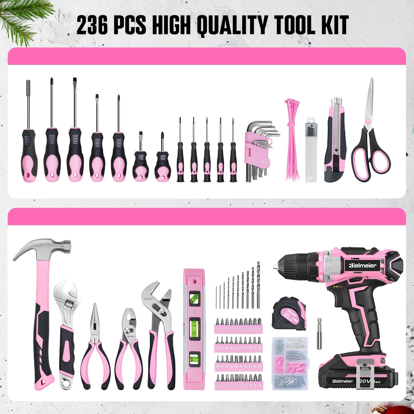 Pink 236 Piece Tool Kit With 20V Cordless Drill Driver