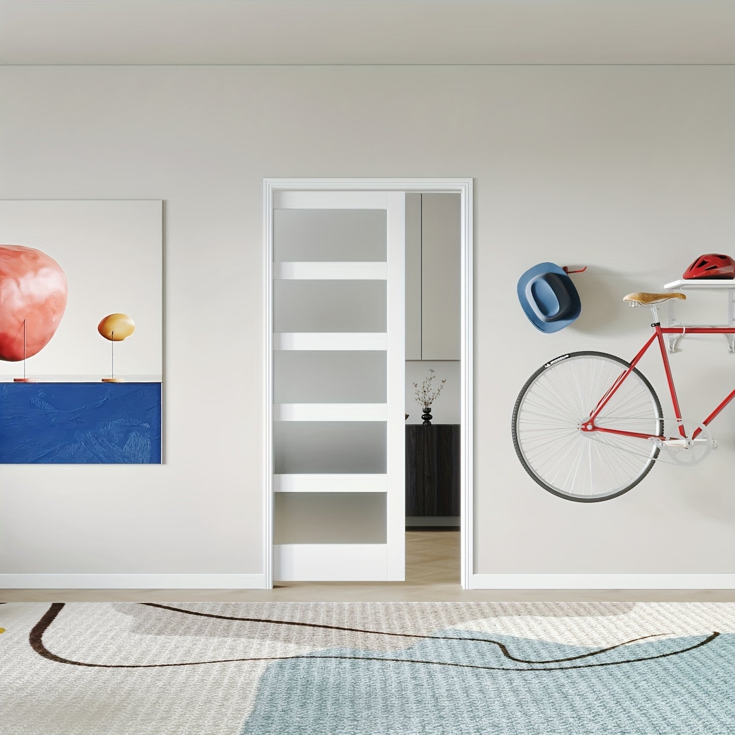 Sliding Pocket Door 5 Panel Frosted Glass White Primed