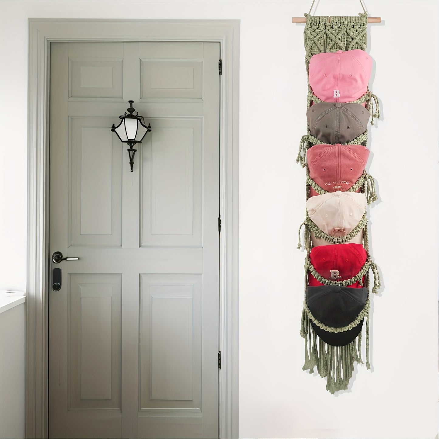 Wooden Wall Mount Hat Rack With Macrame Tassels Foldable