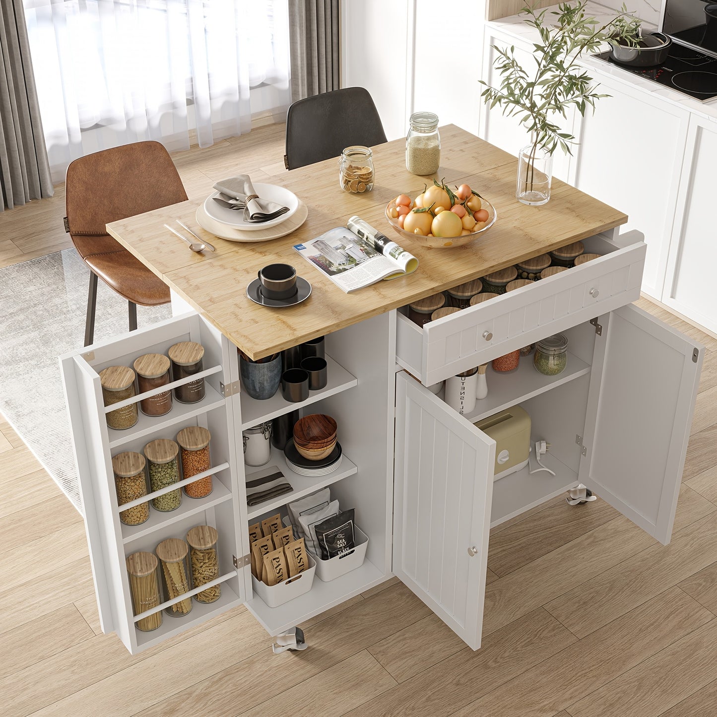 Kitchen Island With Drop Leaf On Wheels And Storage Cabinet